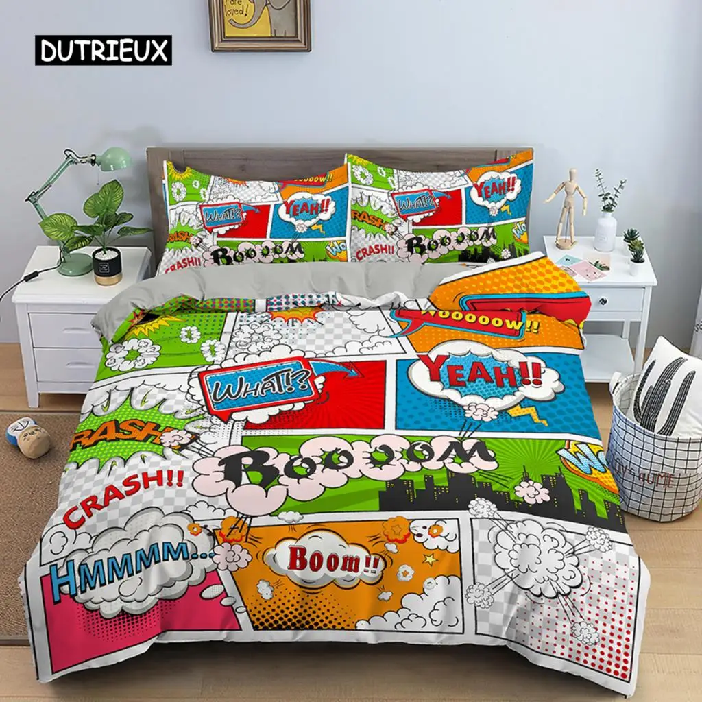 Comic Pattern Duvet Cover Queen King Cartoon Bedding Set for Kids Boys Girls Hippie Hip Hop Rock Style Polyester Comforter Cover