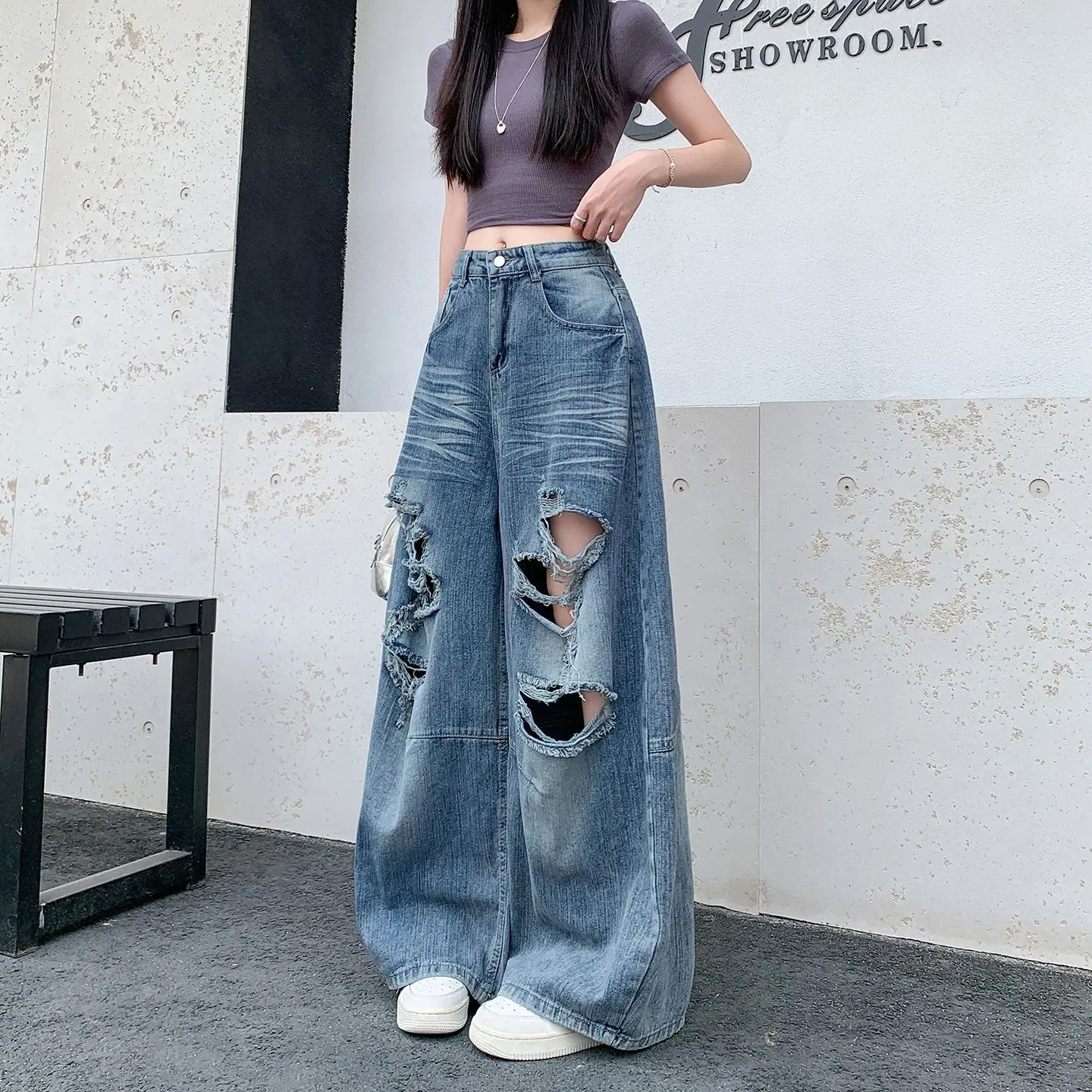 Washed Distressed Ripped Jeans Womens Loose Fit Bf Style Wide Leg Floor Length Trousers Vintage Summer Streetwear Denim