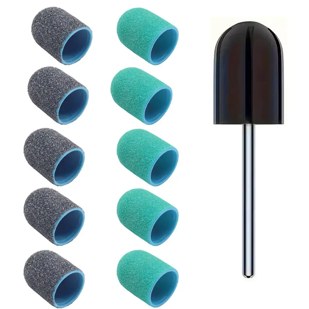 10 Pcs Green Black Nail Sanding Caps with Bit Nail Drill Bits For Foot File Callus Remover Nail Polisher #80 #120  #180