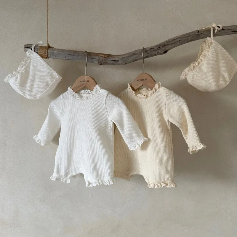 

Ins Korean Version Girl Baby Pure Cotton Waffle Lace Hat Romper Versatile Climbing Clothes for Newborns in Spring and Autumn