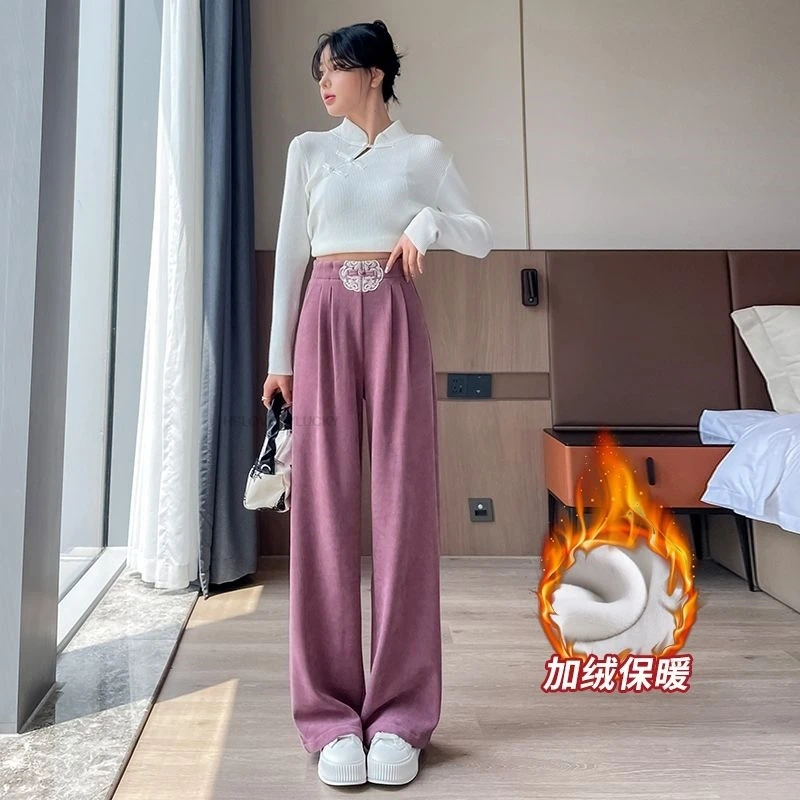 Novo estilo chinês calças bordadas outono inverno engrossar calças retas femininas confortáveis versáteis lazer calças de perna larga