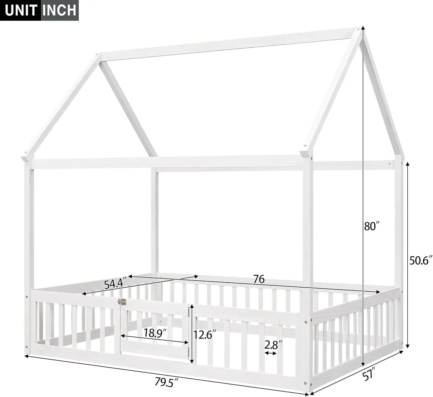 Bed with Fence and Door, Wooden Bedframe with Roof for Teens, Boys or Girls, White