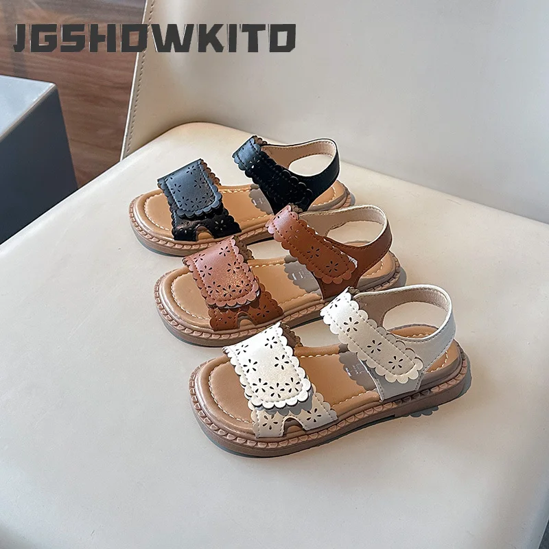 

Летние детские сандалии JGSHOWKITO с вырезами, с рюшами по краю, с открытым носком, для девочек, школьные туфли, повседневные уличные сандалии-принцессы на плоской подошве для детей