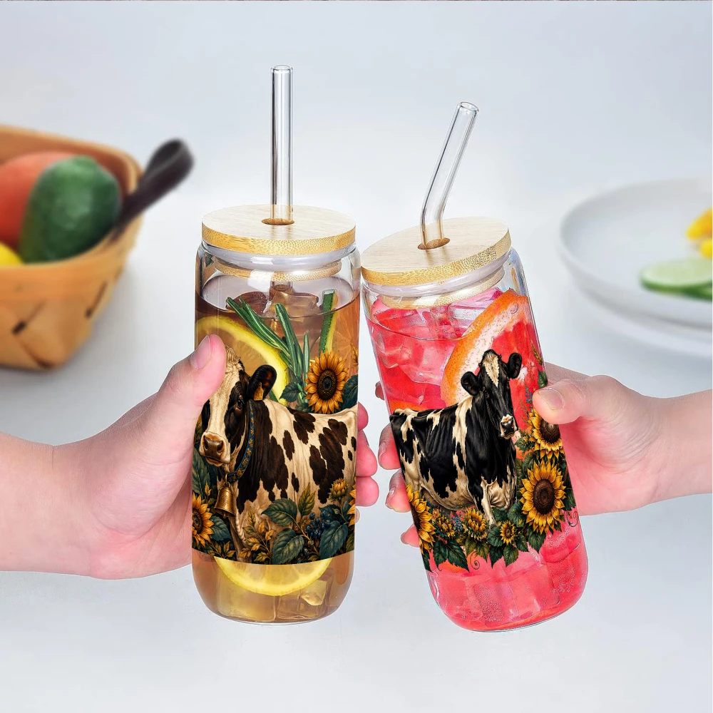 5 Sheets Cow Sunflower Pattern UV DTF Stickers UV DTF Transfer Stickers for Glass Cups DIY Water Bottle Glass Cups Decoration view 3