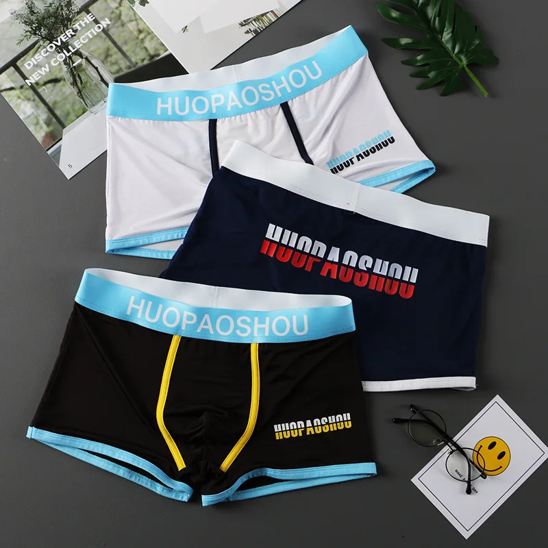 Calcinha Boxer de Seda Gelo masculina, Bolsa Convexa 3D para Juventude Cueca Cueca Tronco Respirável, Shorts de Alta Qualidade, Roupa Interior Carta Estampada