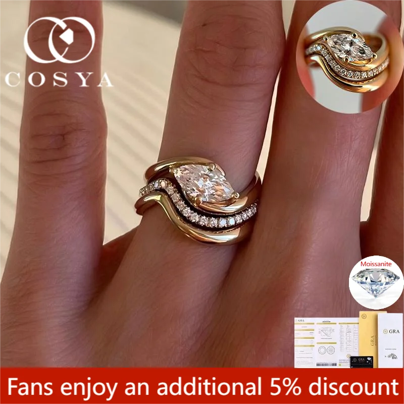 

COSYA 1CT Marquise Cut Moissanite Ring Set for Women GRA Certified D Color 925 Sterling Silver 18K Gold Plated Jewelry 3PCs