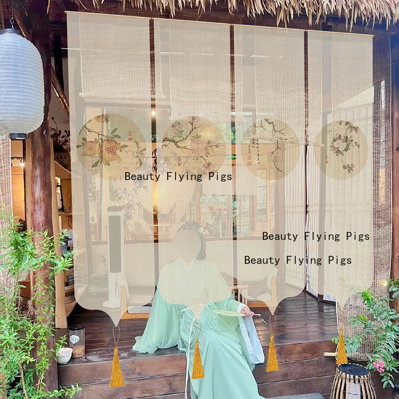1 Set of Chinese Style Room Hanging Cloth Outdoor Courtyard Decoration Flower and Bird Decoration Partition Separated By Poles