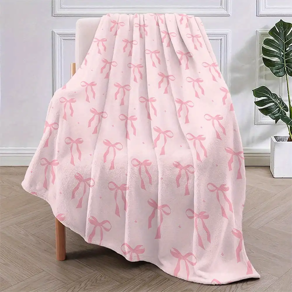 Soft Pink Flannel Blanket with Cute Bow Print Throw for Bed Sofa Chair Camping Office Gifts Versatile All Season Use