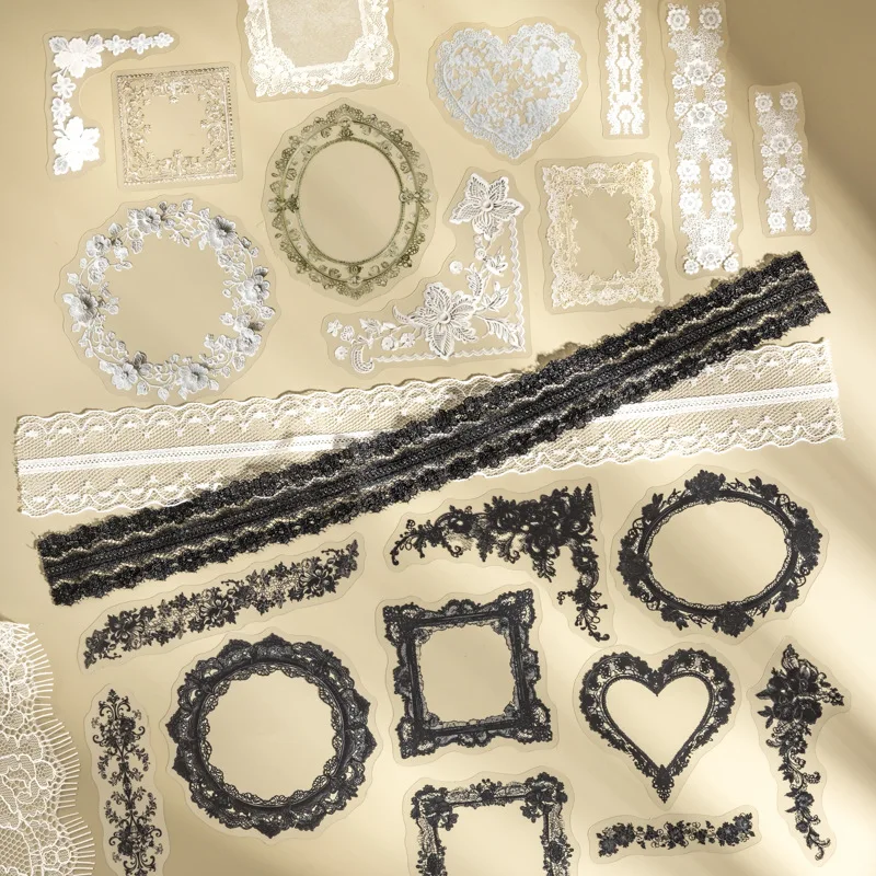 20 - قطعة من الملصقات باللون الأسود - و - الدانتيل الأبيض - لتزيين سجل القصاصات اليدوية