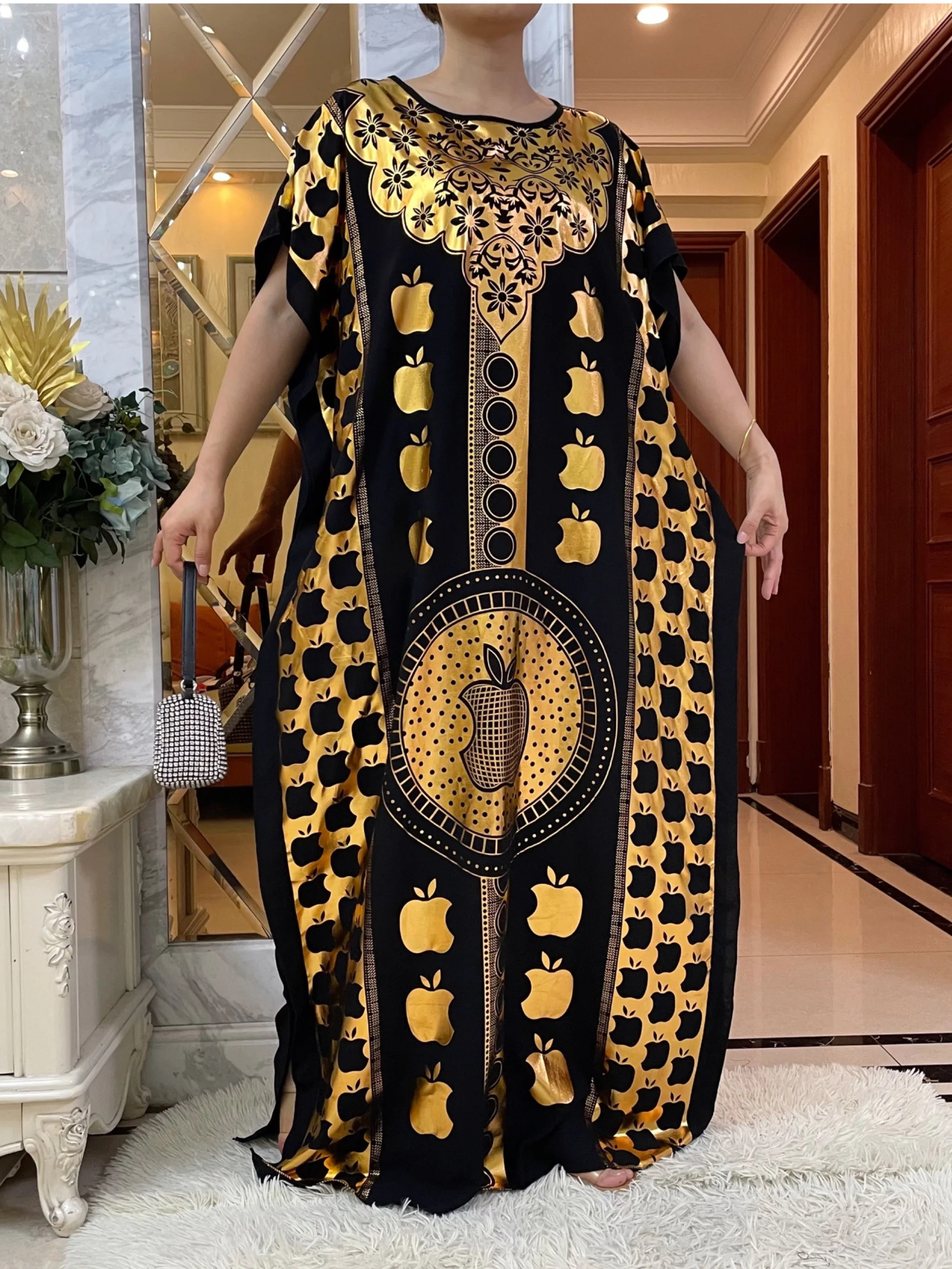 Muslim Summer Short Sleeve Cotton Robe Gold Stamping Boubou Maxi Women Femme Loose Dress With Big Scarf African Ramadan Abaya