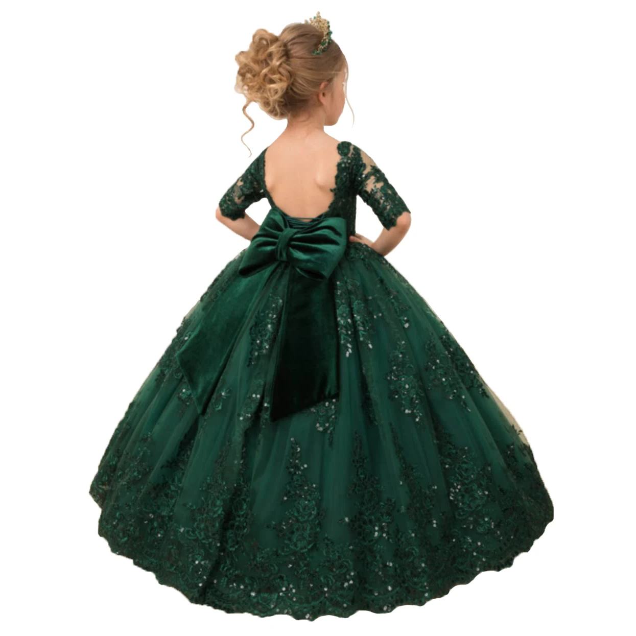 Tüll Prinzessin Blumen mädchen Kleider Pailletten Applikation Halbarm rücken frei Festzug Kleid mit Bogen Kleinkind Hochzeits feier Ballkleid