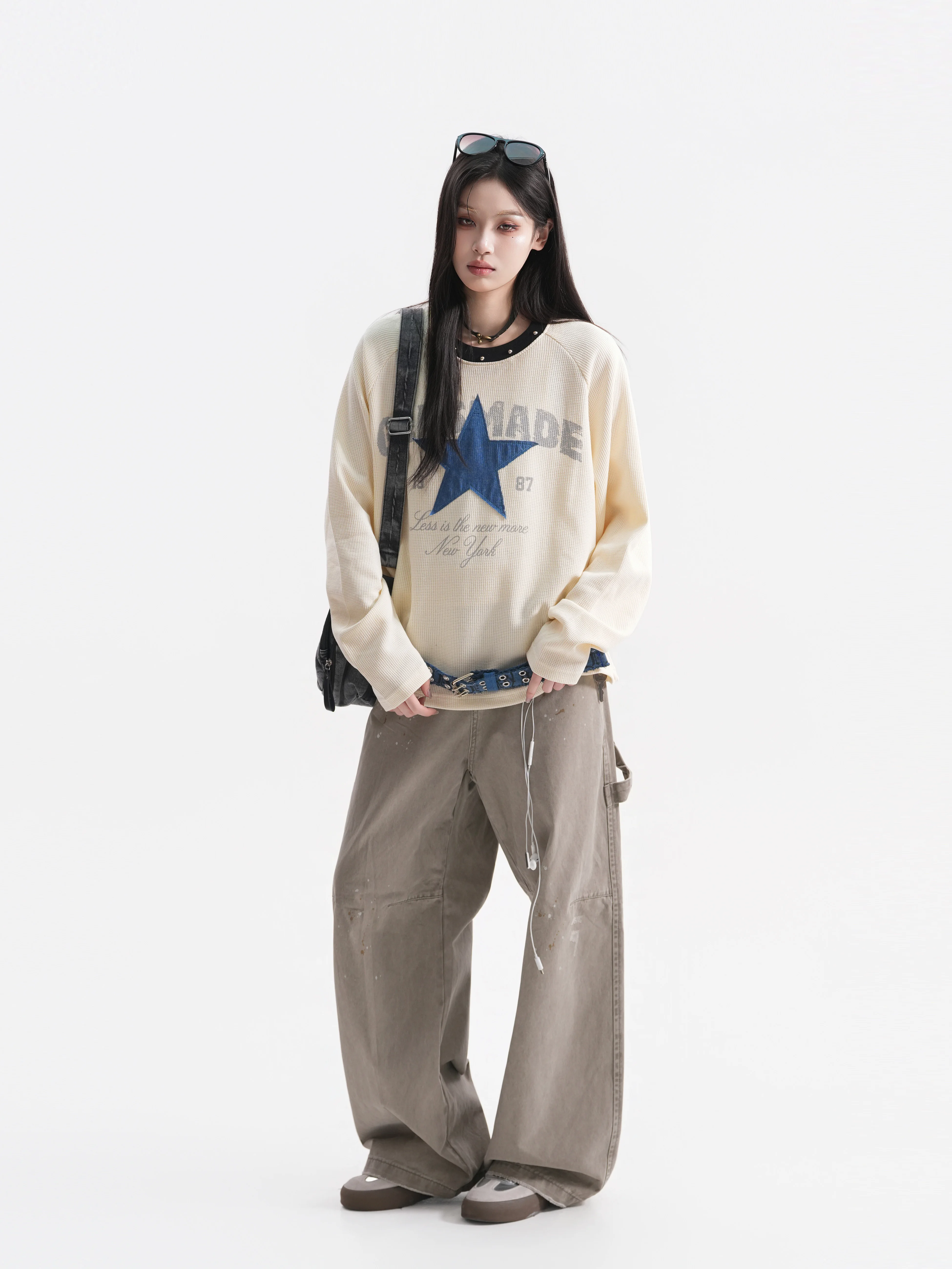 Retro American Rivet round Neck Long Sleeve T-Shirt Women Loose Star Printed Casual Cotton Polyester Blend Autumn Top