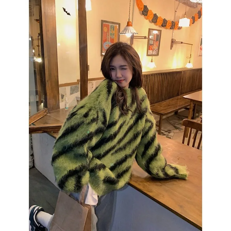 Koreaanse Warme Trui Luipaardprint Outwear Herfst En Winter Slouchy Losse Zachte Kleverige Halflange Trui Trui Pullover Vrouw