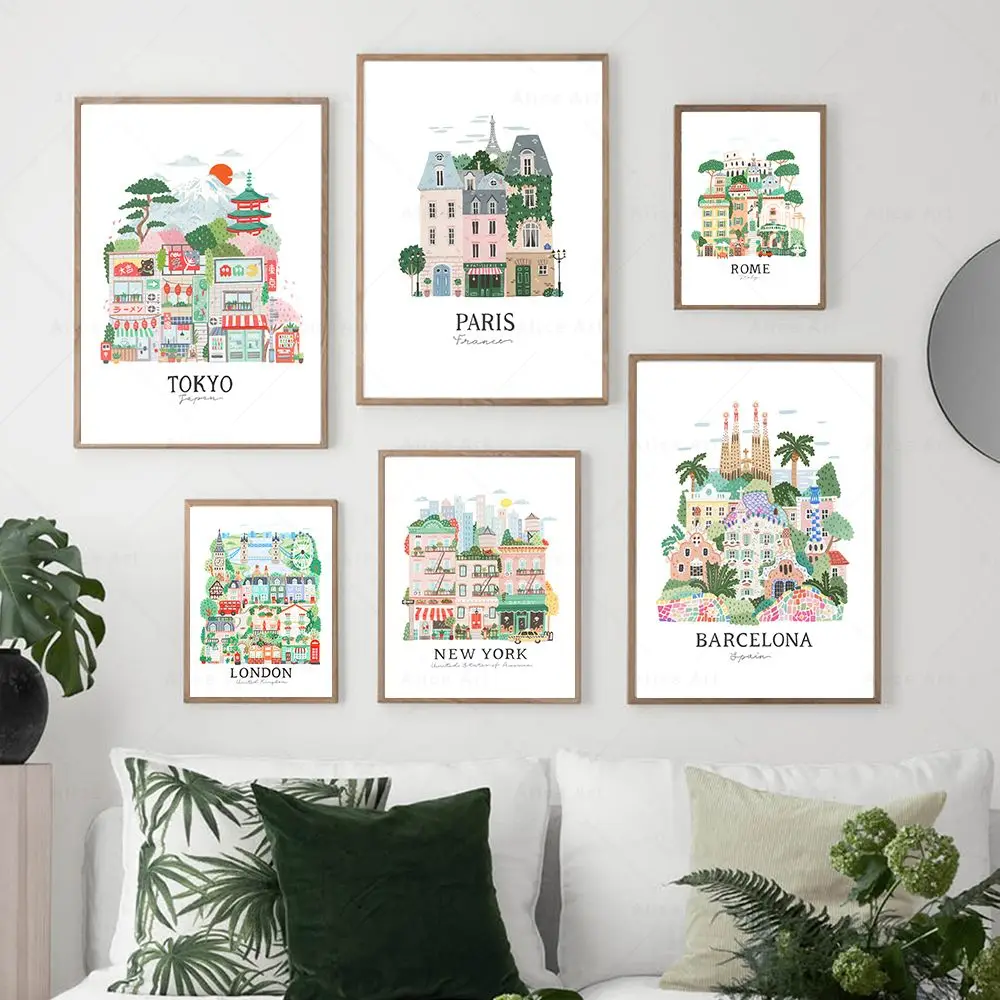 Pósteres ilustrativos de ciudades de viaje, Tokio, París, Nueva York, Londres, Barcelona, arte de pared, impresión en lienzo, imágenes de librería, decoración para sala de estar