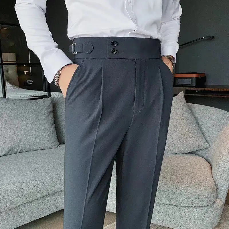 Traje de sastrería Social de cintura alta para hombre, Pantalones rectos de negocios, ropa de estilo coreano, pantalones de vestir formales de