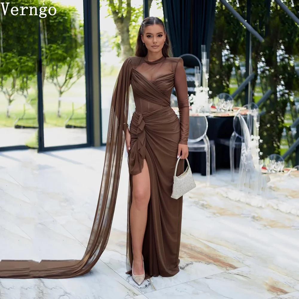 

Verngo Brown Chiffon Pleated Evening Dress High Neck Full Sleeves Mermiad Formal Occasion Dress Side Slit Party Dress Customized