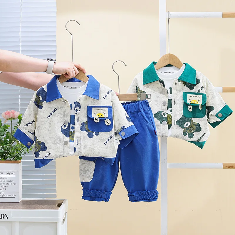 Spring Autumn 2024 Children Baby Boys 3PCS Clothes Set Cotton Tops Cartoon Printed Shirts Pocket Pants Suit Toddler Boy Outfit