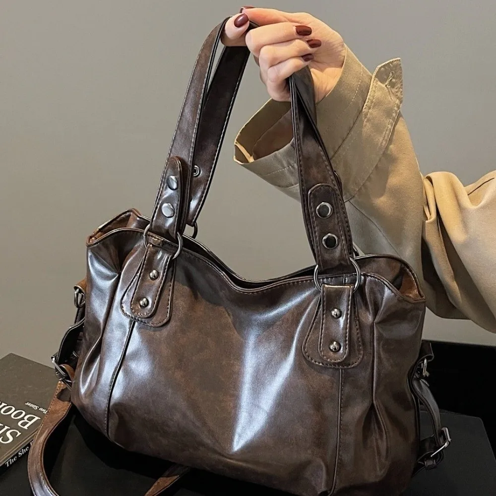 Ins Style Large Capacity Soft PU Shoulder Bag Zipper Closure Sturdy Handle Handbag Solid Color Leather Look Tote Bag Women