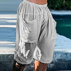 Men Summer Shorts Elastic Waist Pleated Multi Pockets Knee Length Pants Summer Mid Waist Short Trousers Casual Jogging Shorts