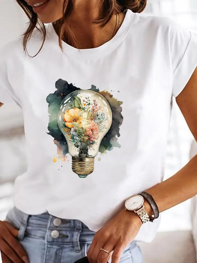 Camiseta de manga curta feminina, camisetas casuais femininas, roupas estampadas com flores, estilo doce, moda anos 90, camiseta gráfica para senhora, tendência de roupas