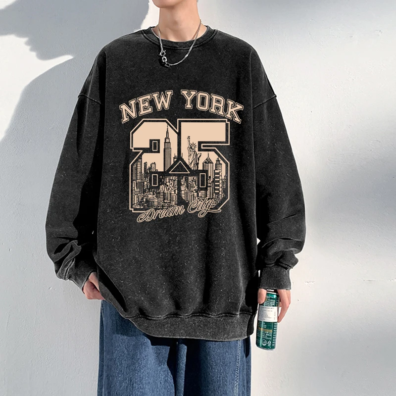 

New York Scenery Printing Men Distressed Washed Street Sweatshirt Fashion Basic Warm Hoodie Retro Autumn O-Neck Cotton Clothes