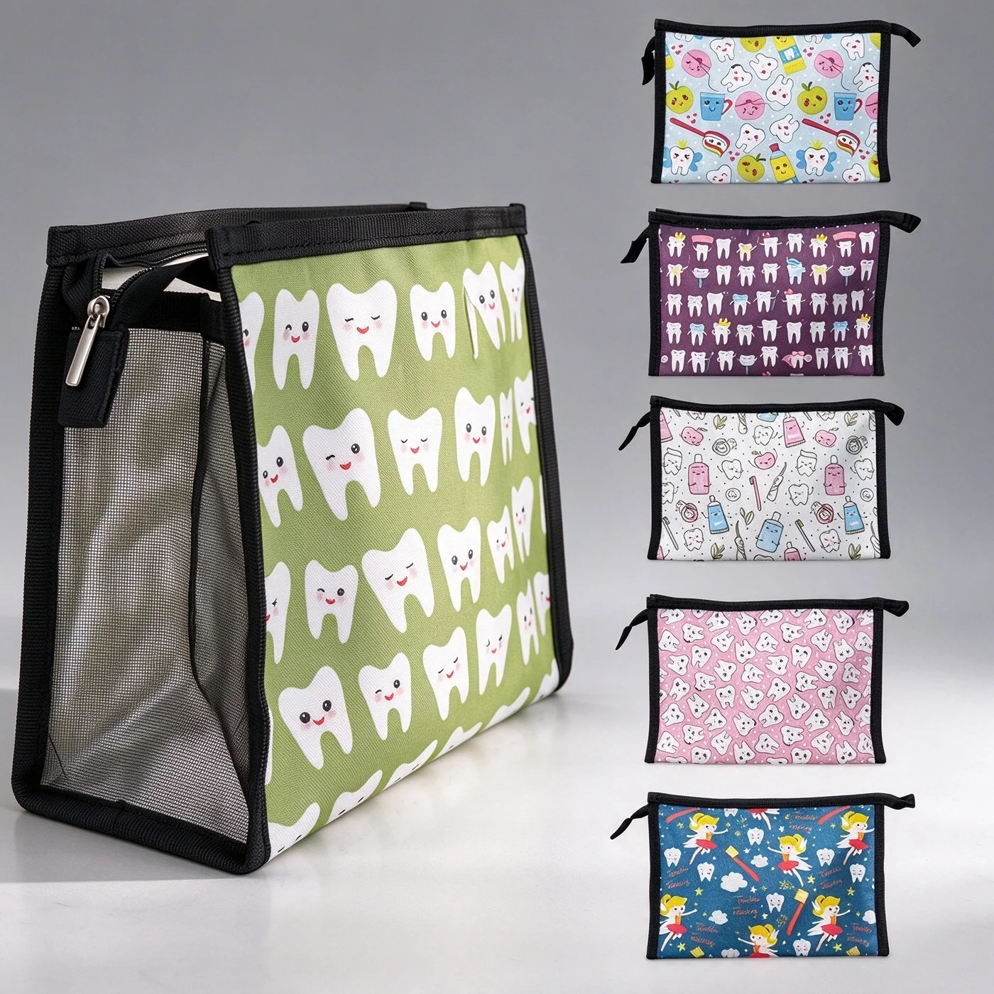 1pc Cartoon Tooth Print Mesh Storage Bag Dental Theme Travel Toiletry Zipper Pouch Cosmetic Makeup Organizer for Dental Gifts