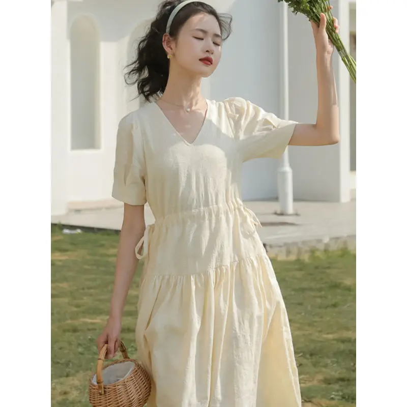 Women's French Tea Break Drawstring V-neck Dress, High Waist, Slimming, Mid-length, XS Appear, Summer, 150cm