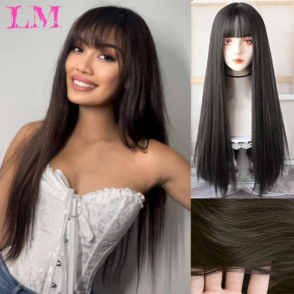 LM Synthetic Black Long Straight Cosplay Wigs with Bangs for Women African American Lolita Daily Party Heat Resistant