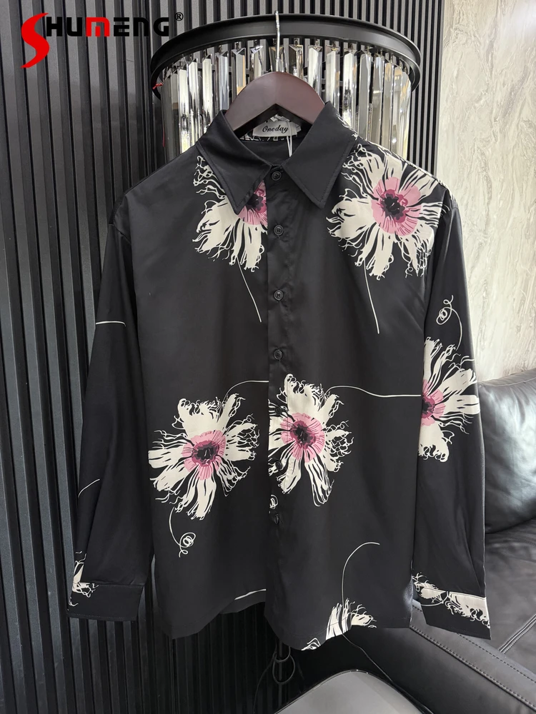 

Men's 2025 Autumn Winter New Loose Comfort Ice Silk Trend Shirts Light Luxury Floral Chic Tops Long Sleeve Color Matching Shirts