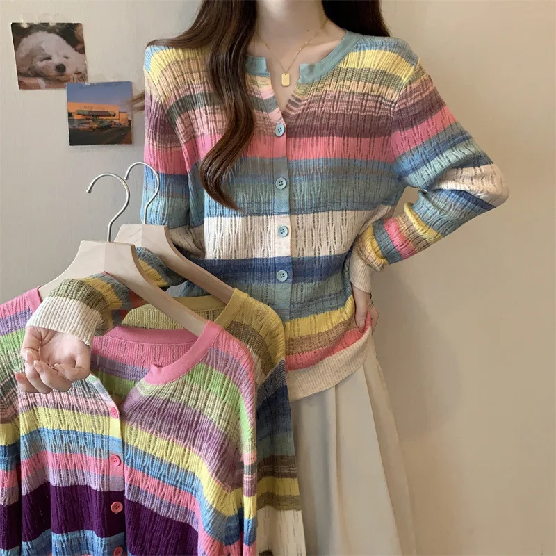 Knitted Wool High Quality Cardigan Women's Top New Color Contrast Long Sleeve Coat Loose Sweater Women 2024