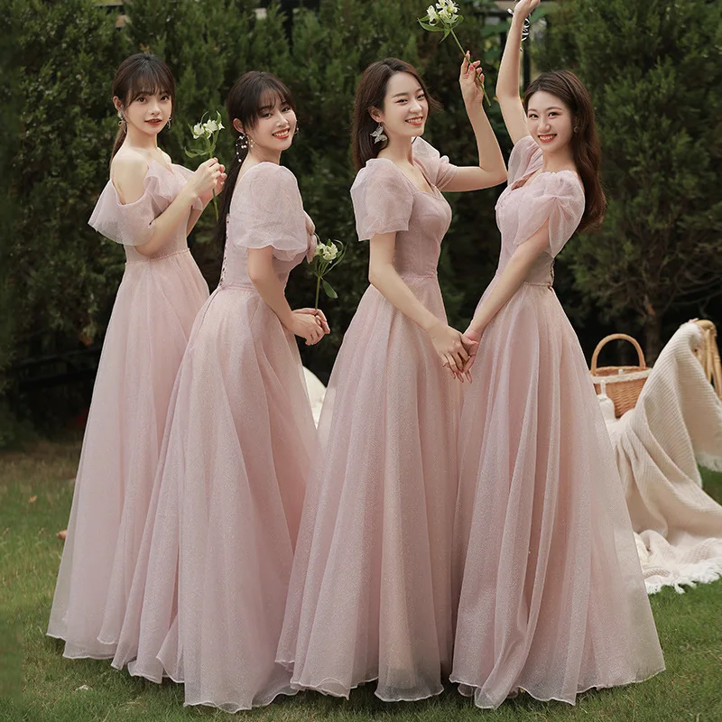 Bridesmaid Dress 2024 New Pink Long Temperament Cheongsam Simple Elegant Dresses Sexy Vintage Square Neck Evening Party Gown