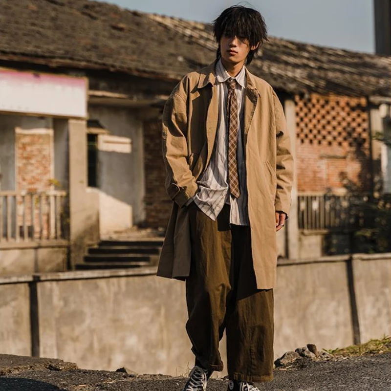 Young Men's Japanese Retro Loose Trench Coat Solid Color Minimalist Couple's Jacket Mid Length for Spring Autumn​