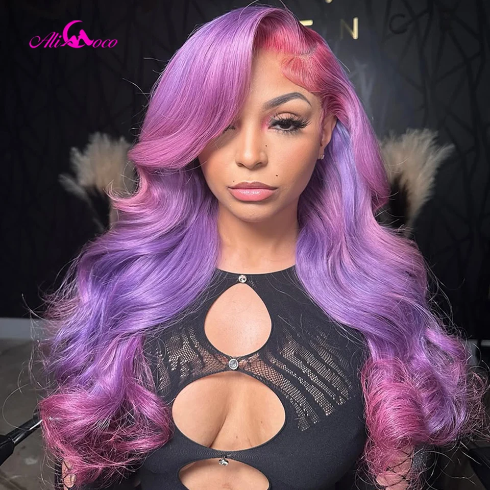 

Ombre Purple Pink Colored Body Wave 13x4 13x6 Lace Front Wigs Brazilian 180 Density Transparent Remy Wig Pre Plucked for Women