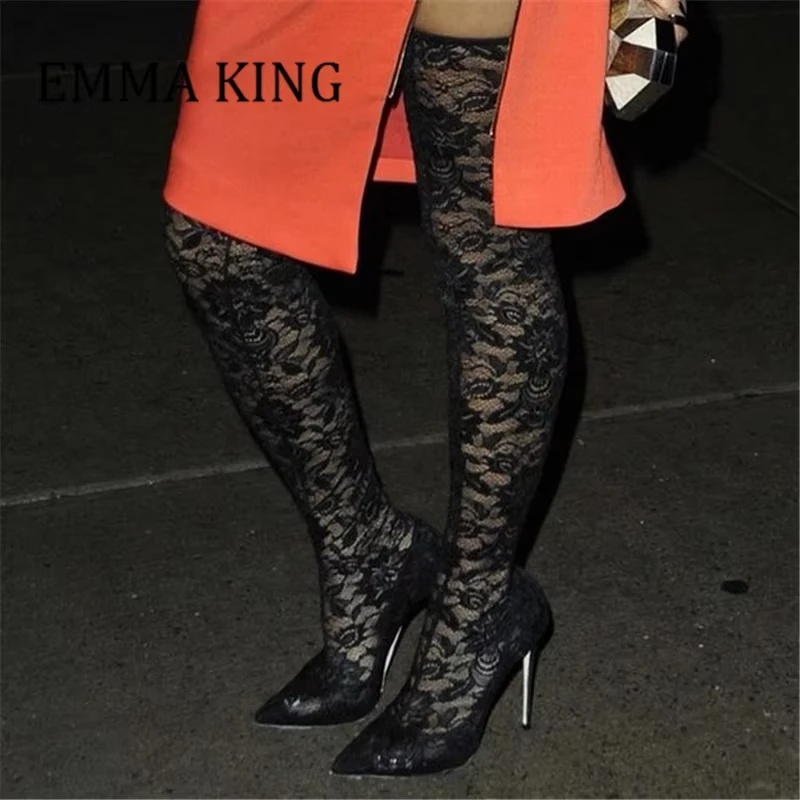 النساء الأسود الدانتيل الفخذ أحذية عالية مثير أشار تو عالية كعب ستيليتو فوق الركبة التمهيد موضة الانزلاق على السيدات عالية الكعب بوتاس #1