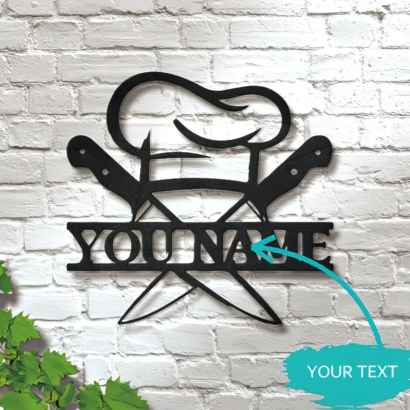 Obra Maestra del Chef Personalizada: Arte de Pared Metálico Antioxidante - Letrero con Nombre Personalizado y Diseño de Gorro de Chef y Cuchillos, Para Chefs Profesionales