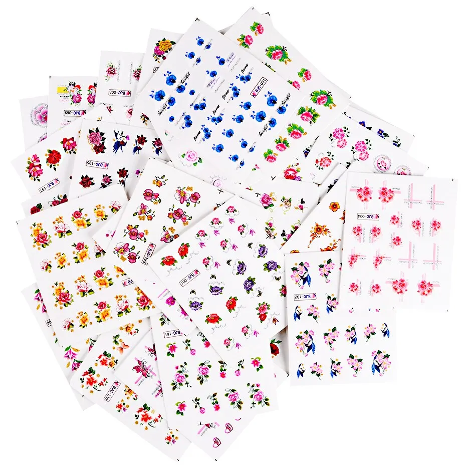 55pcs Flowers Lace Water Nail Stickers Set Glitter Charms Floral Nail Art Transfer Decals Slider Tattoo for Manicure Decorations