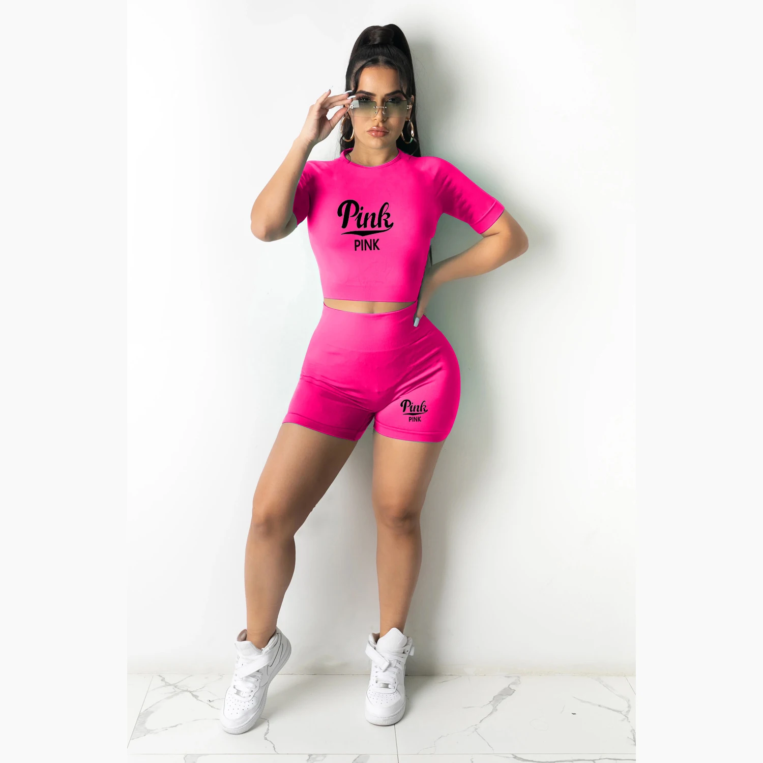 Two Piece Sets Women Pink Letter Print Sportsuit Female Casual Plus  Skinny Pants Sweatsuit Two Piece Tracksuit 2pcs Outfit 2024