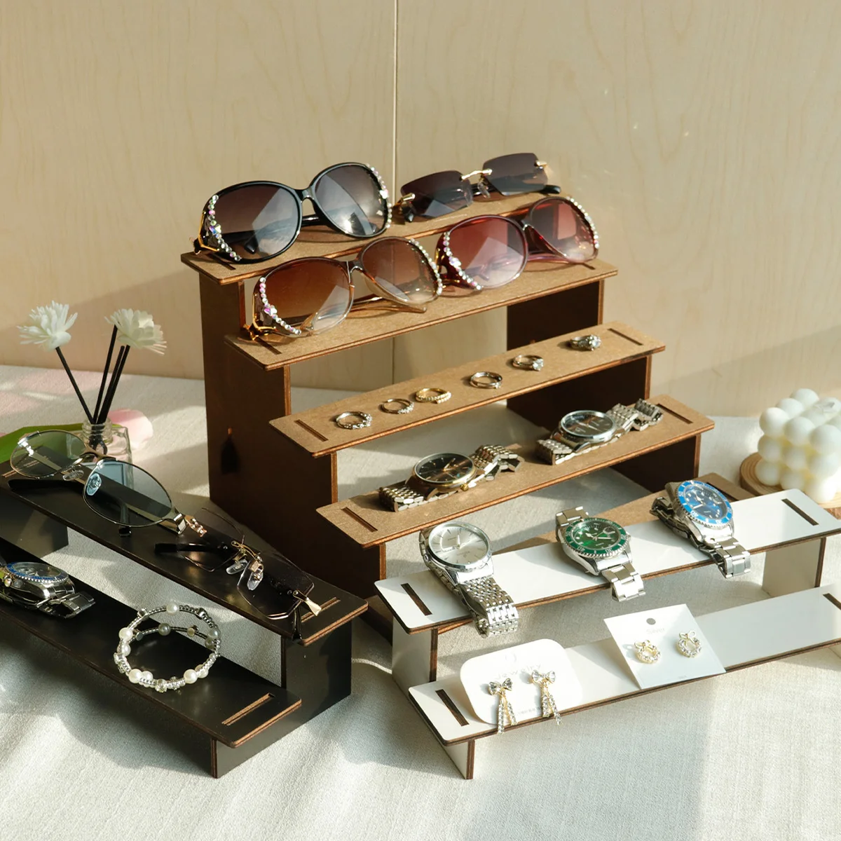 

Wood Step Display Stand Hair Clip Bracelet Watche Storage Rack Figure Doll Jewelry Showcase Earrings Rings