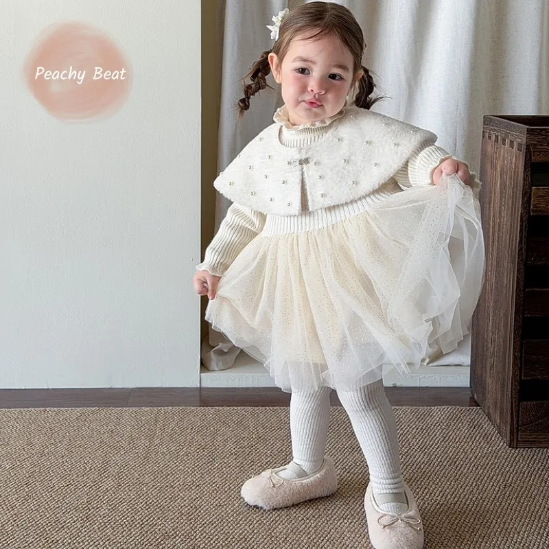 Baby Girl Princess Ruffled Collar Tutu Dress+Pearl Cape 2PCS Toddle Child Elegant Tulle Vestido Birthday Party Baby Clothes 0-5Y