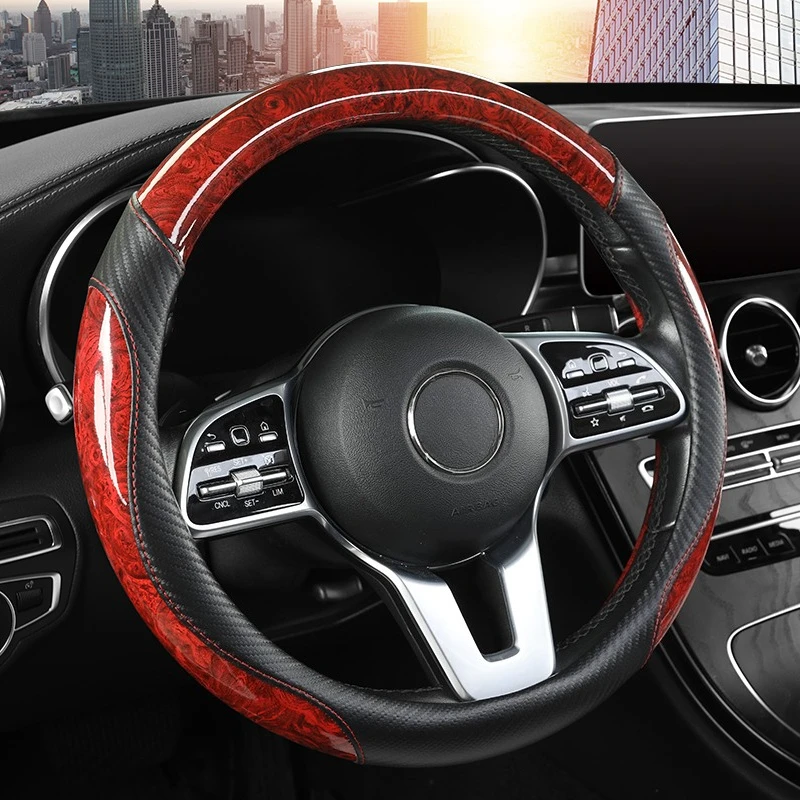 Peach Wood Grain Car Steering Wheel Cover Non-slip Four Seasons General Motors Handle Cover  Fits 14.5-15\
