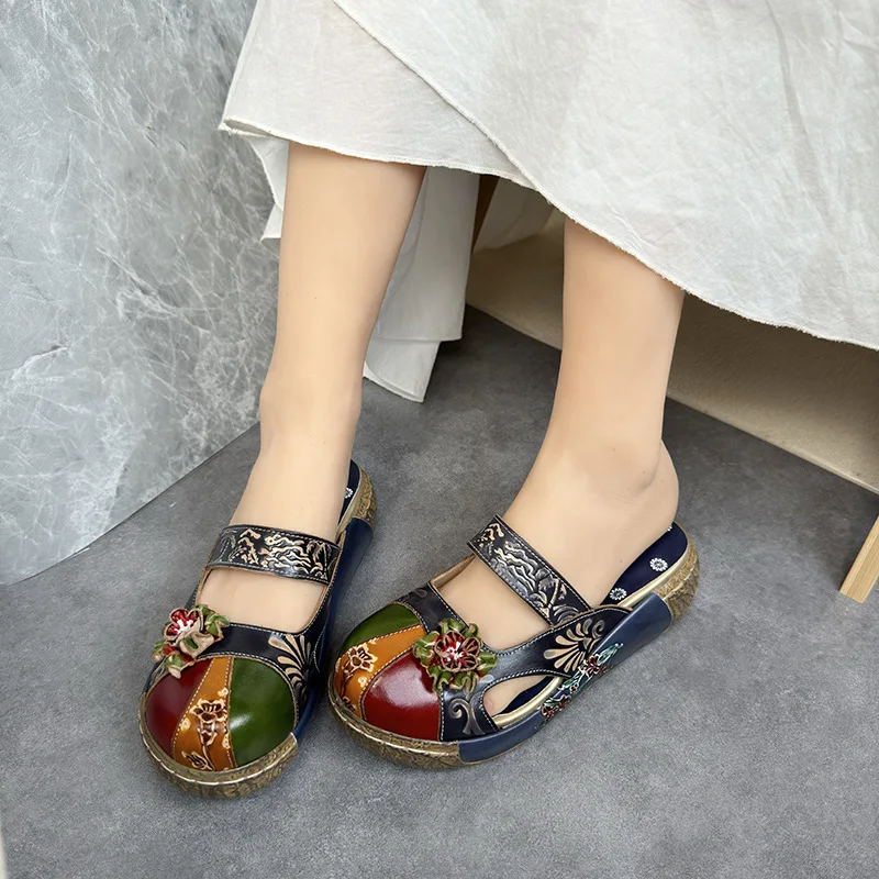 WOIZGIC Women Female Mother Ladies Genuine Leather Flower Shoes Sandals Slippers Outsize Summer Ethnic Plus Size 41 42 SFY-1