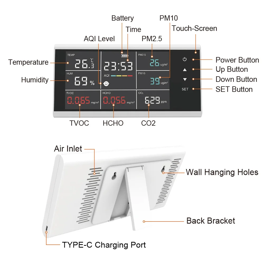 Real-Time Air Quality Monitor Home Office Multi-Gas Detector Analyzer Indoor Outdoor Touch Screen Air Quality Meter Detector