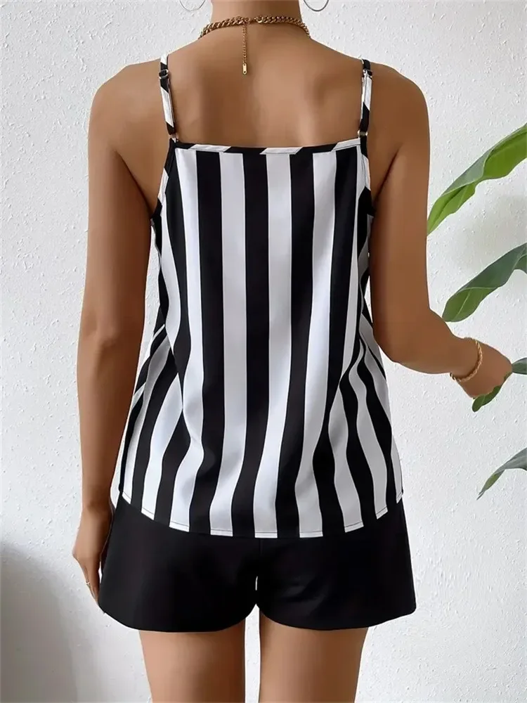 Two Piece Sets Women Outfits Fashion Striped Halter Chiffon Sleeveless Vest Buttons High-waisted Shorts Set New In Matching Suit