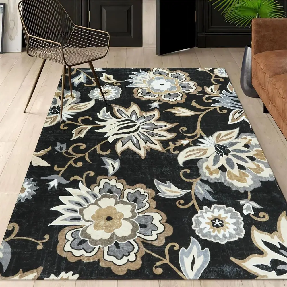 

Washable 5x7 Floral Black Area Rug - Non-Slip, Ultra-Thin Stain-Resistant Rug for Living Room, Bedroom, Dining, Office, and Kitc