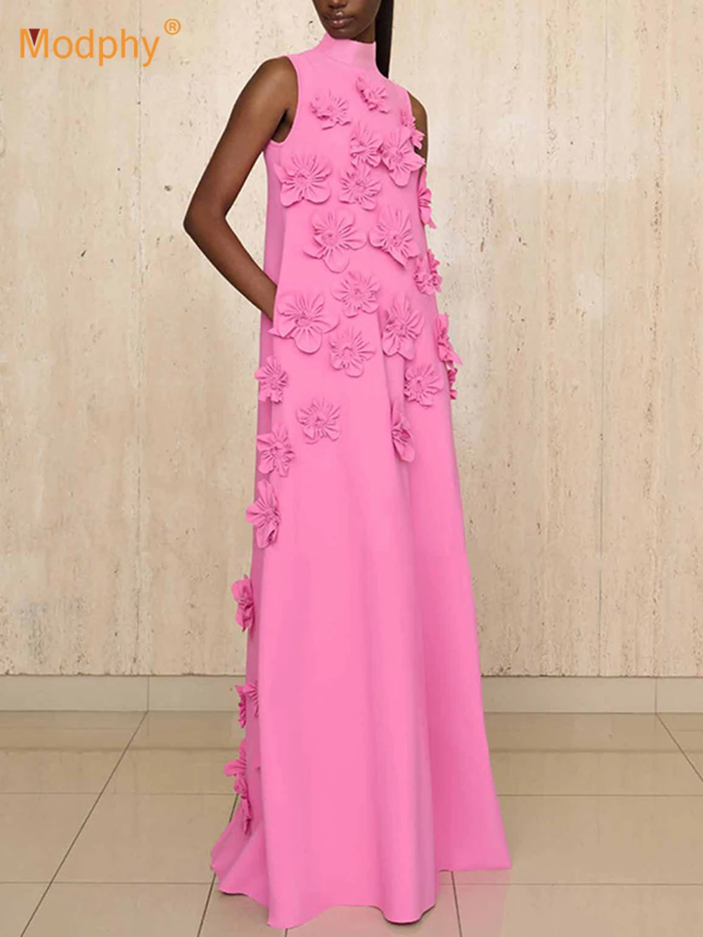 

Модное розовое платье для выпускного вечера с 3D цветочной аппликацией, женские платья-футляры макси, Элегантное Длинное Свадебное платье без рукавов для женщин