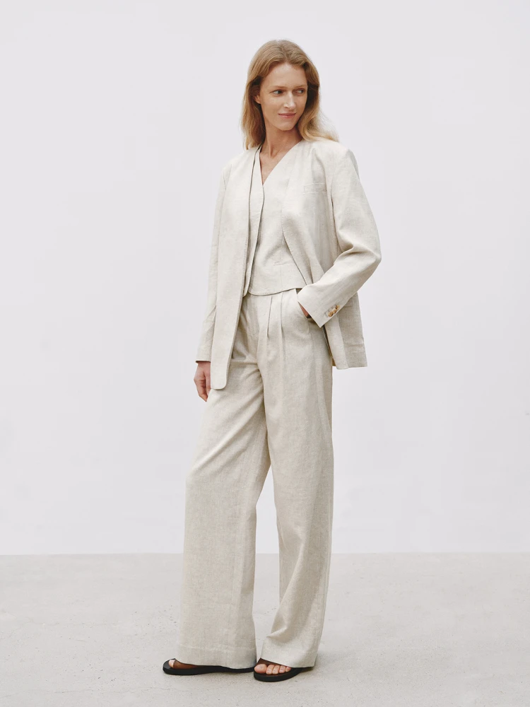 MSBEAST Linen V-Ne Wide Leg Pants Set Women's Straight Cut Double Pleat Svel Comfortable Casual Faion Outfit
