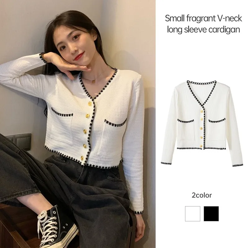 

Элегантный вязаный короткий стильный кардиган, женский темпераментный облегающий свитер с длинным рукавом, пальто