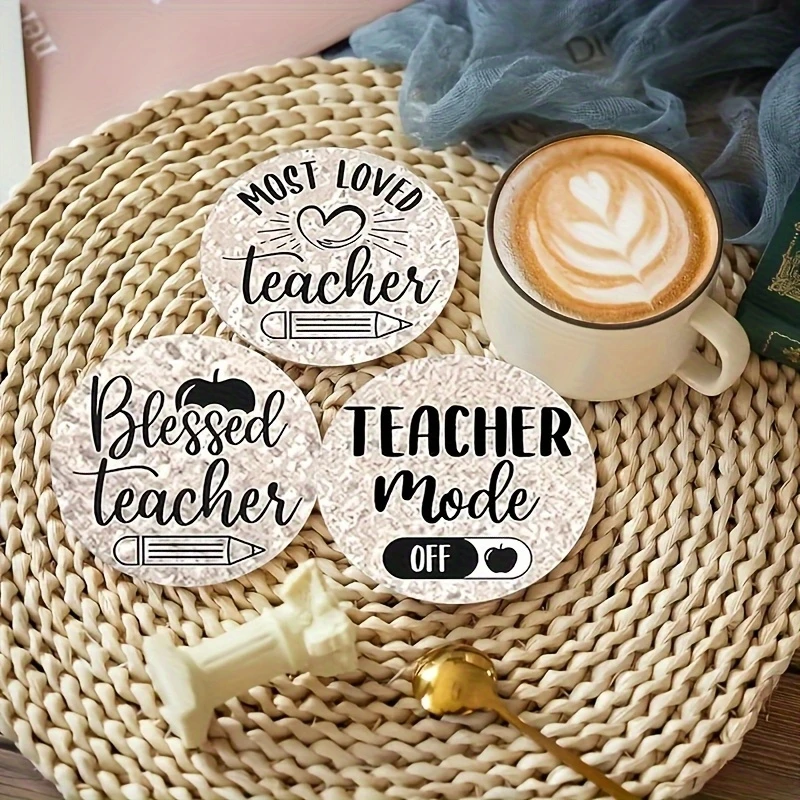 8pcs 2D Wooden Teacher Gratitude Coaster with Motivational Phrases Heat-resistant Beverage Mat For Coffee Tea Drink Teacher Gift