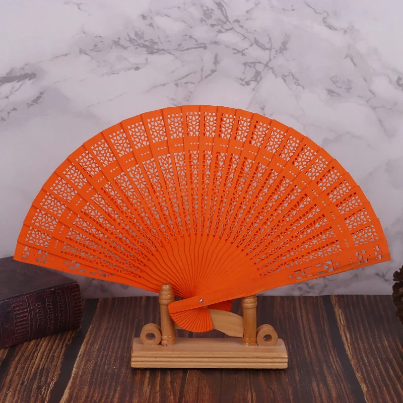 8 Inch Chinese Japanese Folding Fan Original Wooden Hand Flower Bamboo Pocket Fan For Home Decor Decoration-Orange