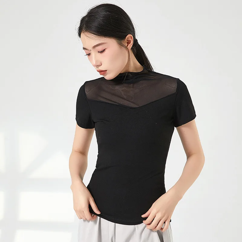 Camiseta de entrenamiento de ballet profesional de manga larga, traje de baile étnico, top de práctica, ajuste Delgado, cuello alto de malla para mujer adulta